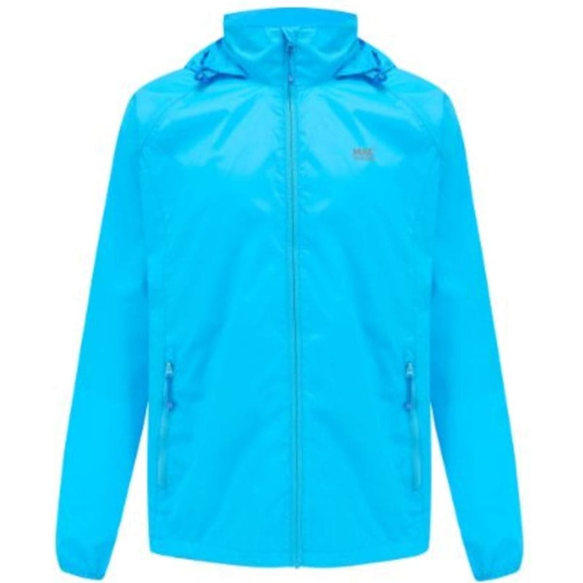 A bright blue packable jacket with a hood, featuring a zip front and side pockets. It has a logo on the chest.