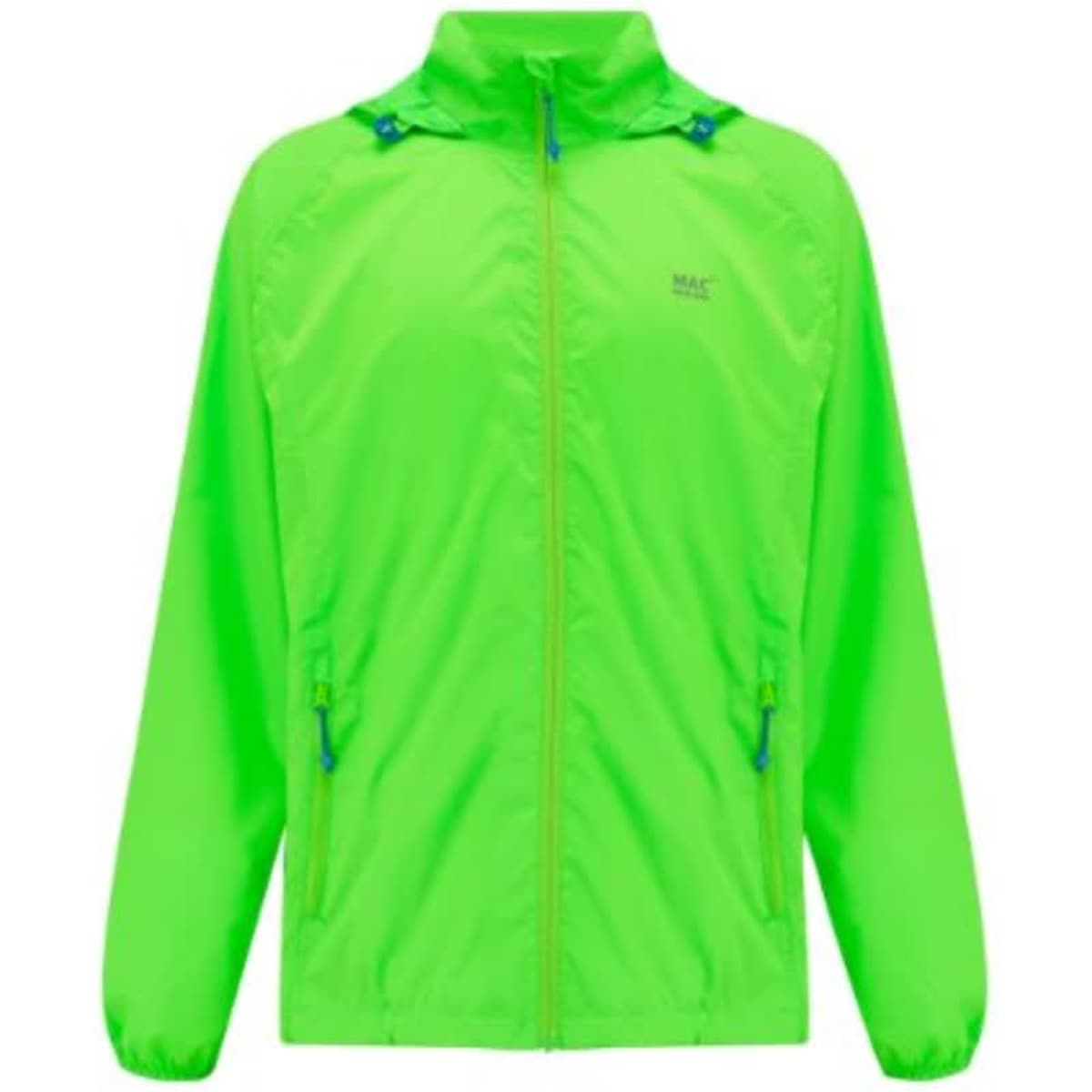A neon green packable jacket featuring a zippered front and two side pockets. It includes a branded logo.