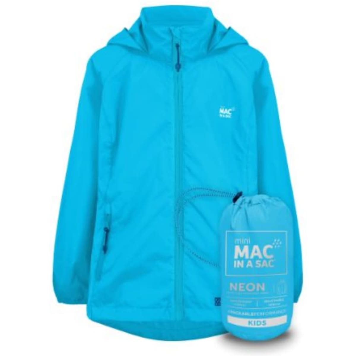 A packable jacket for kids in bright neon blue, featuring a matching storage pouch and a logo.