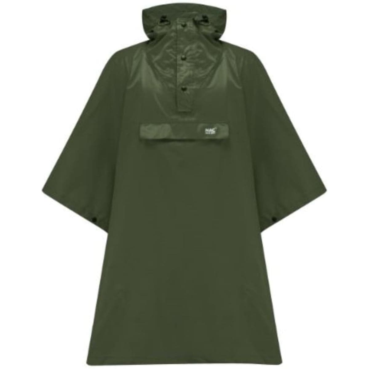 A green waterproof poncho with a hood, featuring a front pocket and a branded logo.