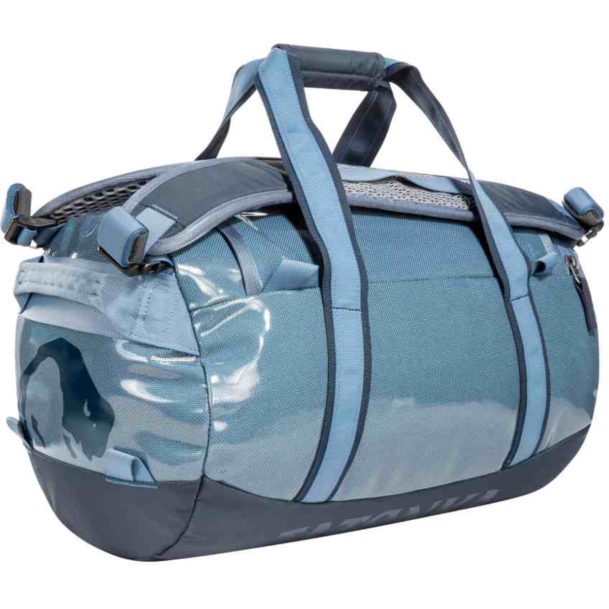 A blue duffel bag with a glossy finish, featuring multiple handles and a mesh panel on top, along with a logo.