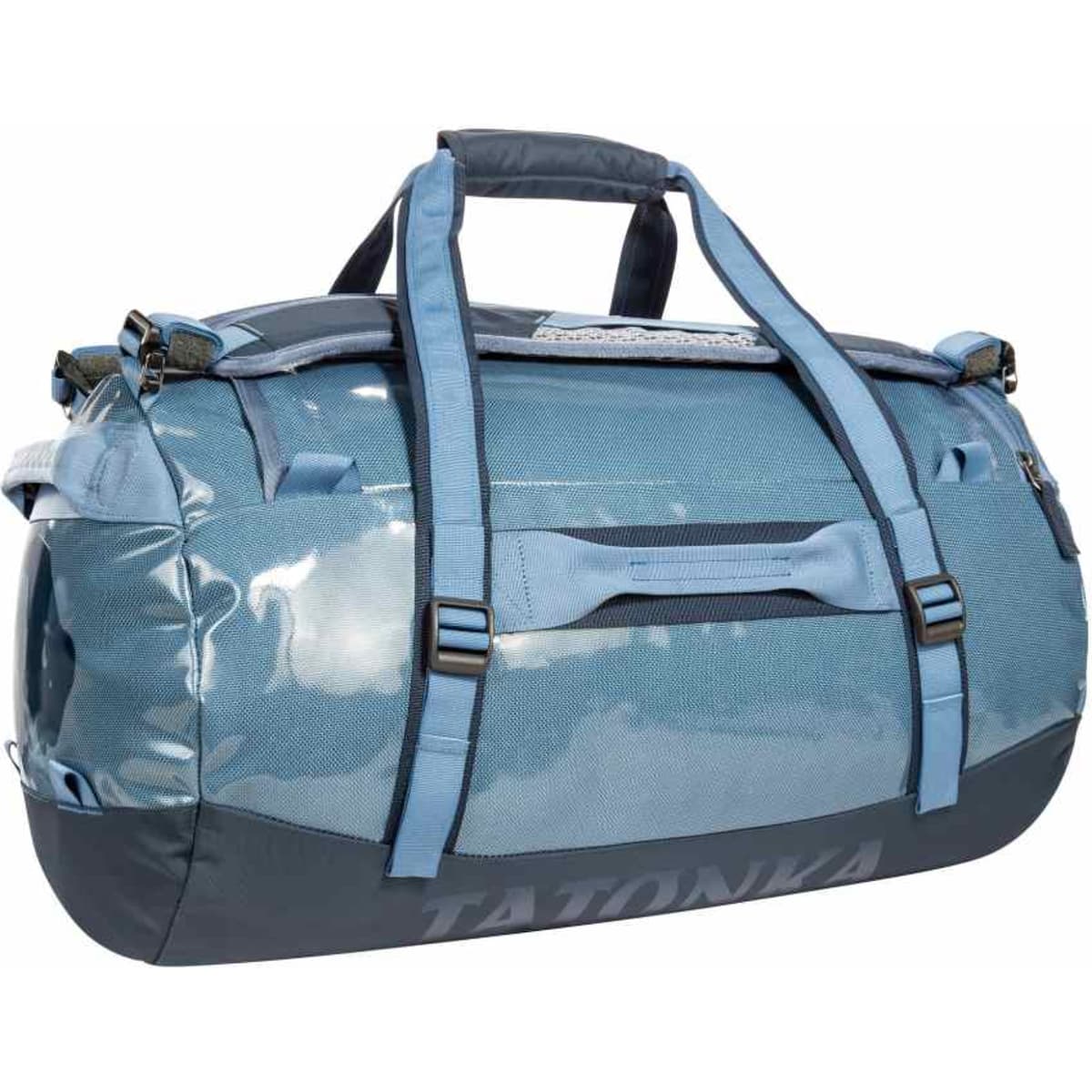 A duffel bag in varying shades of blue, featuring sturdy handles and a logo. It has a glossy finish and adjustable straps.