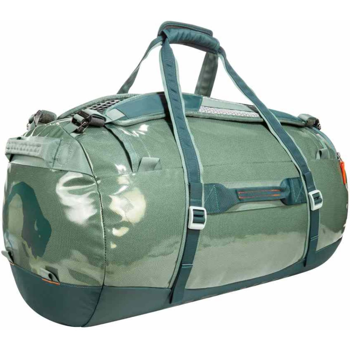 A green duffle bag with multiple straps and a logo. It features a spacious design for carrying items.