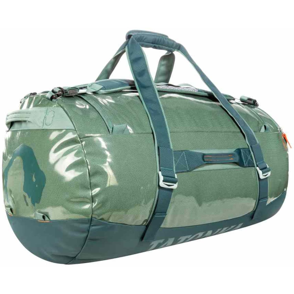 A duffel bag in green tones with a glossy finish and sturdy handles, featuring a logo.