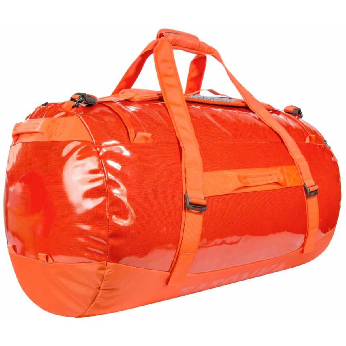 An orange duffel bag with a glossy finish and multiple carrying straps. It has a logo on the side.