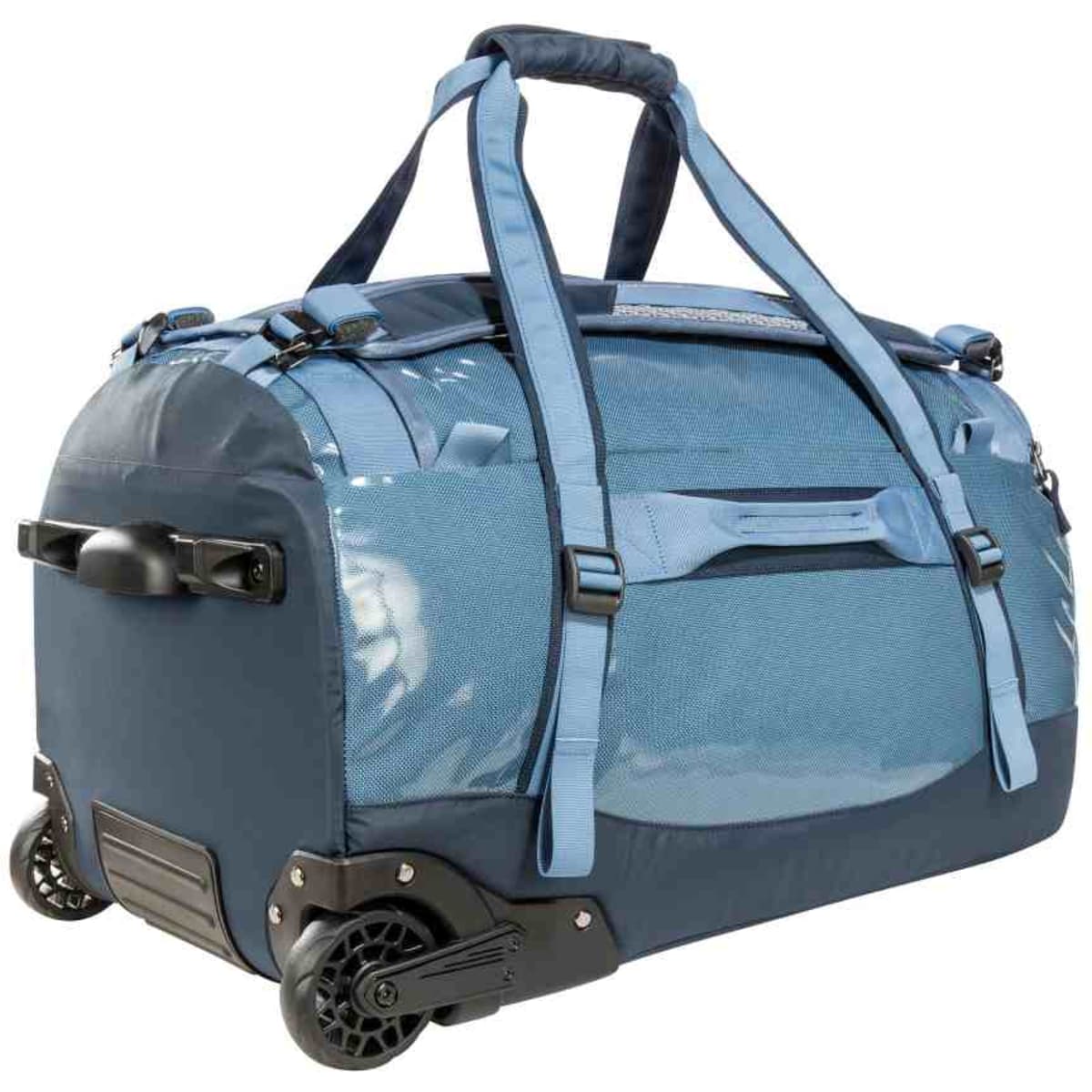 A blue rolling duffel bag with sturdy handles and wheels for easy transport. Features a logo on the side.