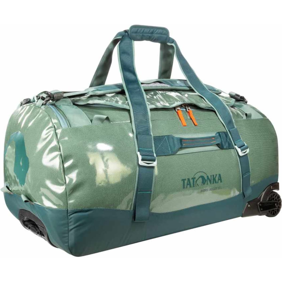 A green duffle bag with a transparent section, featuring two carrying handles and a logo.