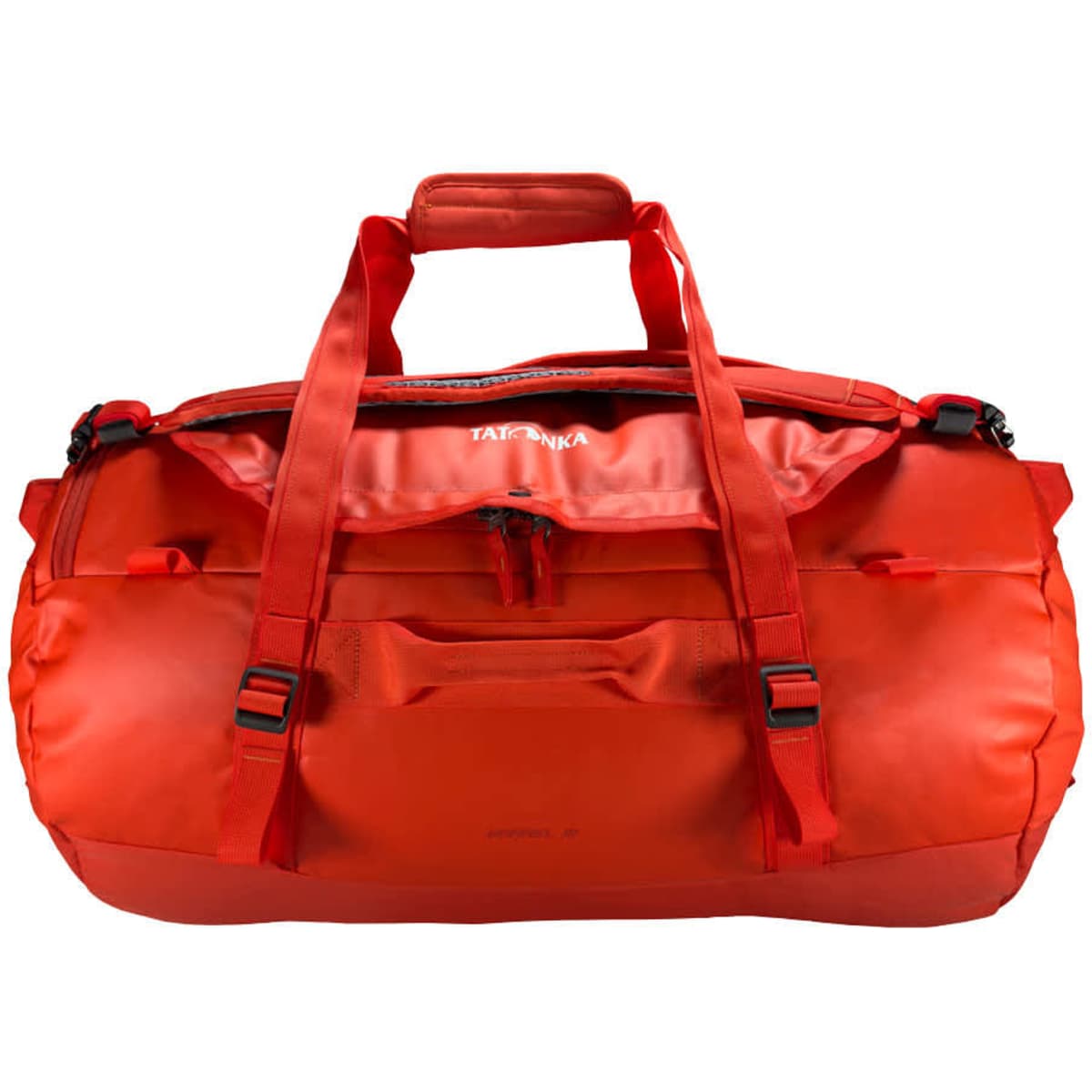 A duffle bag in vibrant red, featuring multiple handles and zippers, with a brand logo present.