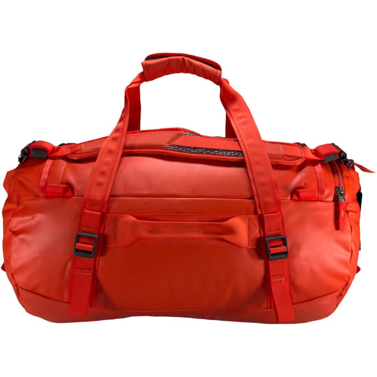 A duffle bag in vibrant red with multiple zipped compartments and adjustable straps. It features a logo on the front.