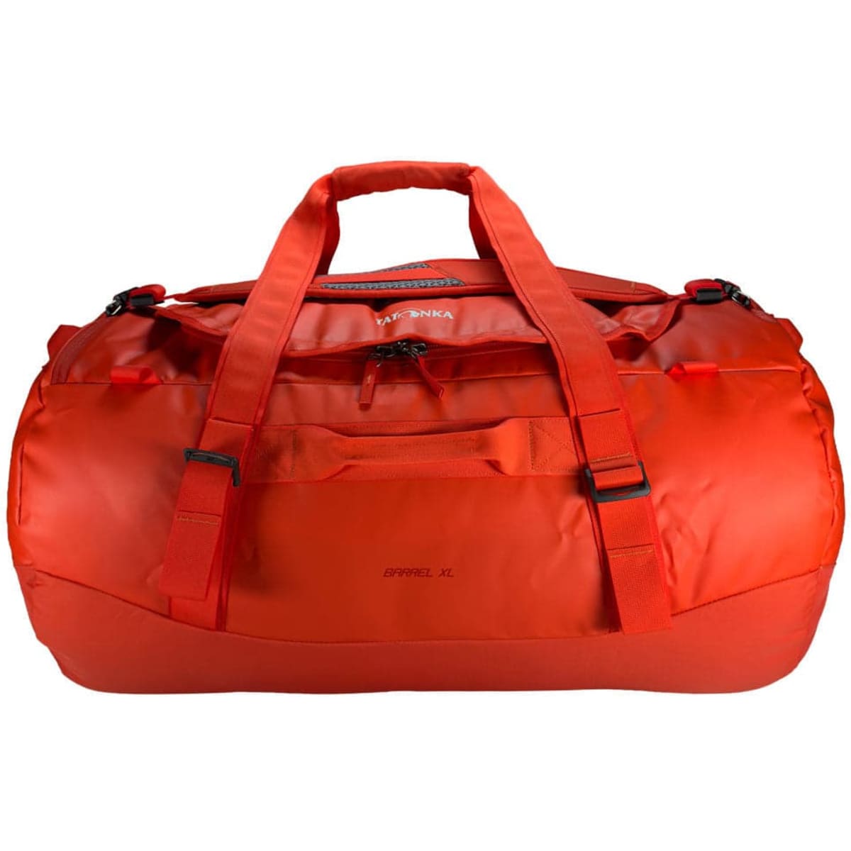 An orange duffel bag with multiple handles and a large zippered compartment, featuring a logo on the front.