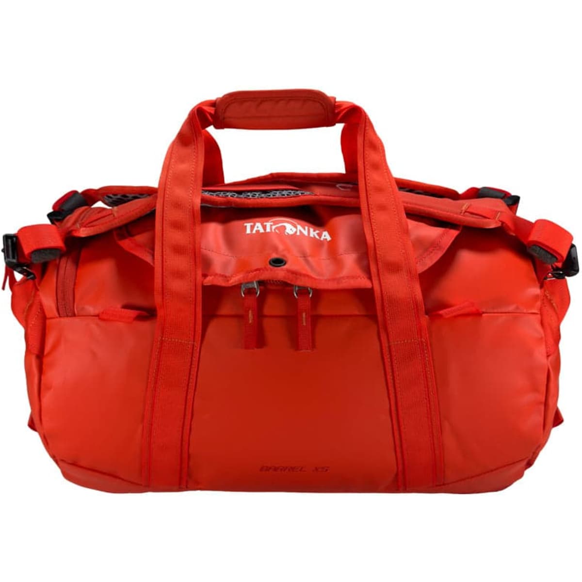 A red duffle bag featuring multiple handles and a branded logo, ideal for travel or sports use.