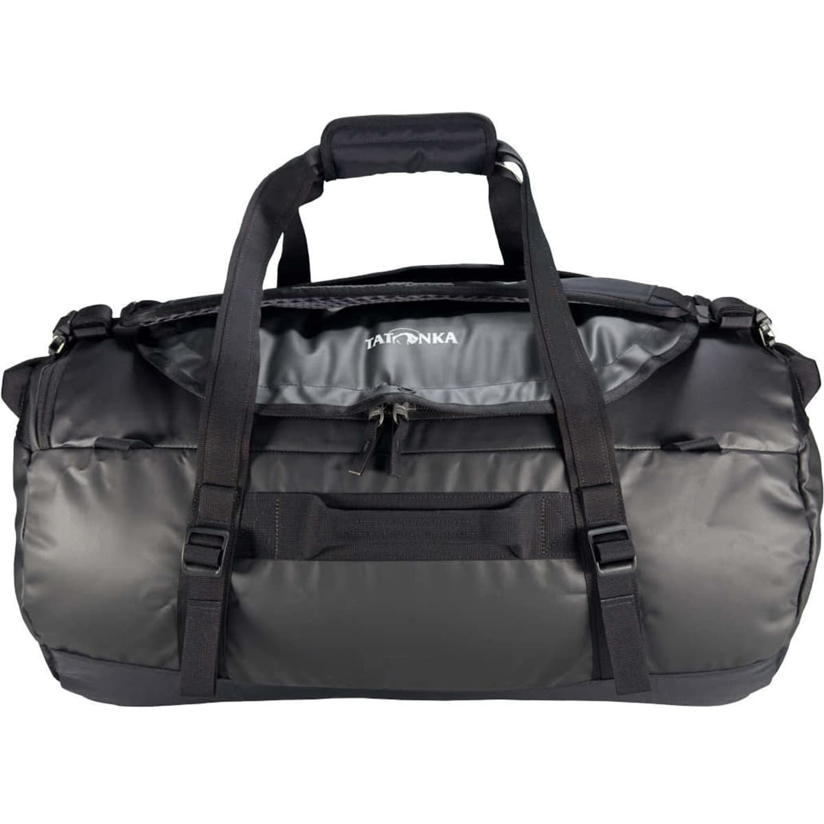 A travel bag in black and grey, featuring multiple straps and a zippered compartment, with a logo on the front.