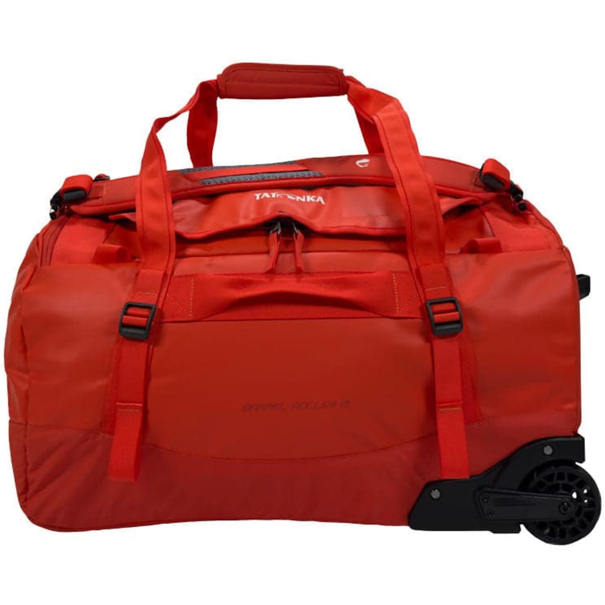 A red duffel bag with wheels and dual handles, featuring multiple compartments and a logo.