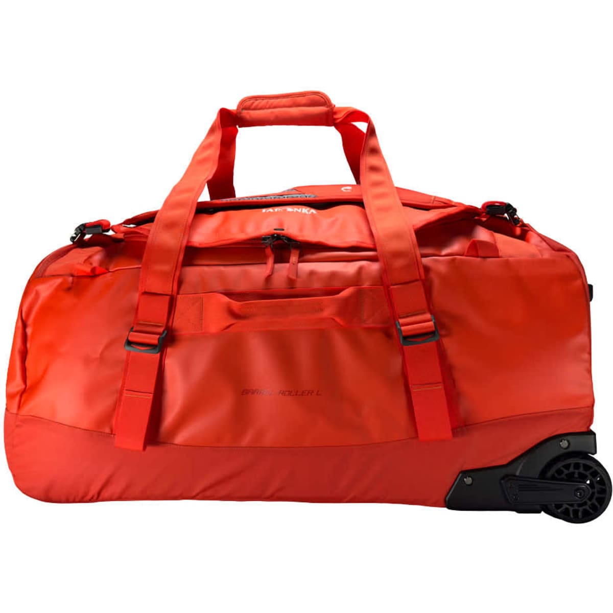 A red duffel bag with wheels, featuring dual handles and adjustable straps, accompanied by a logo.