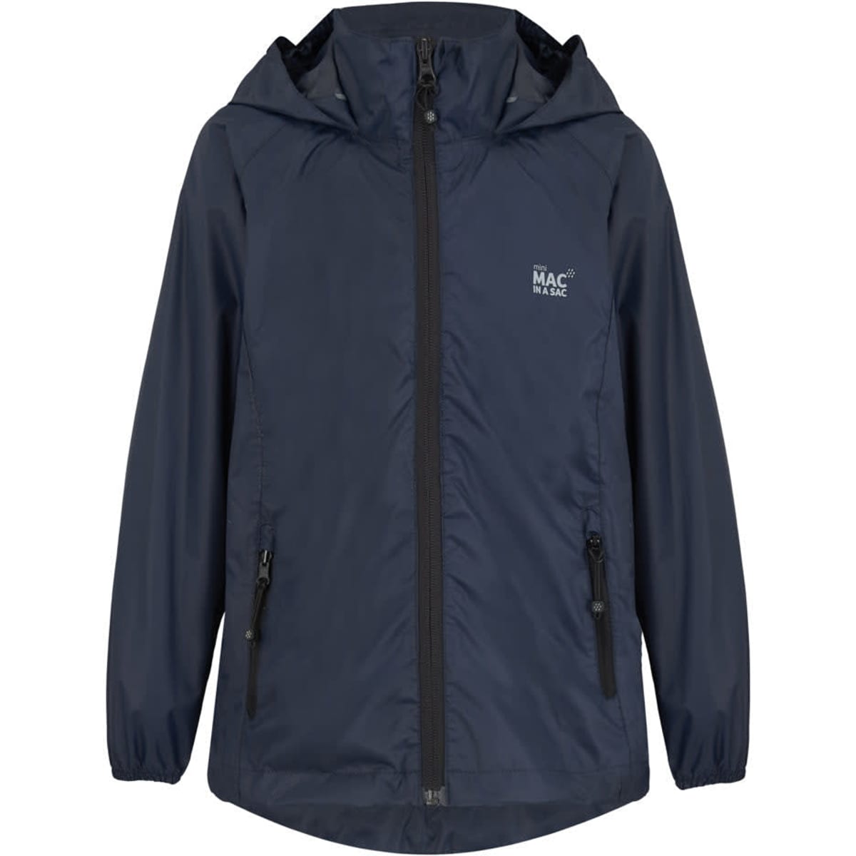 A navy packable jacket with a hood, featuring zippered pockets and a logo on the chest.