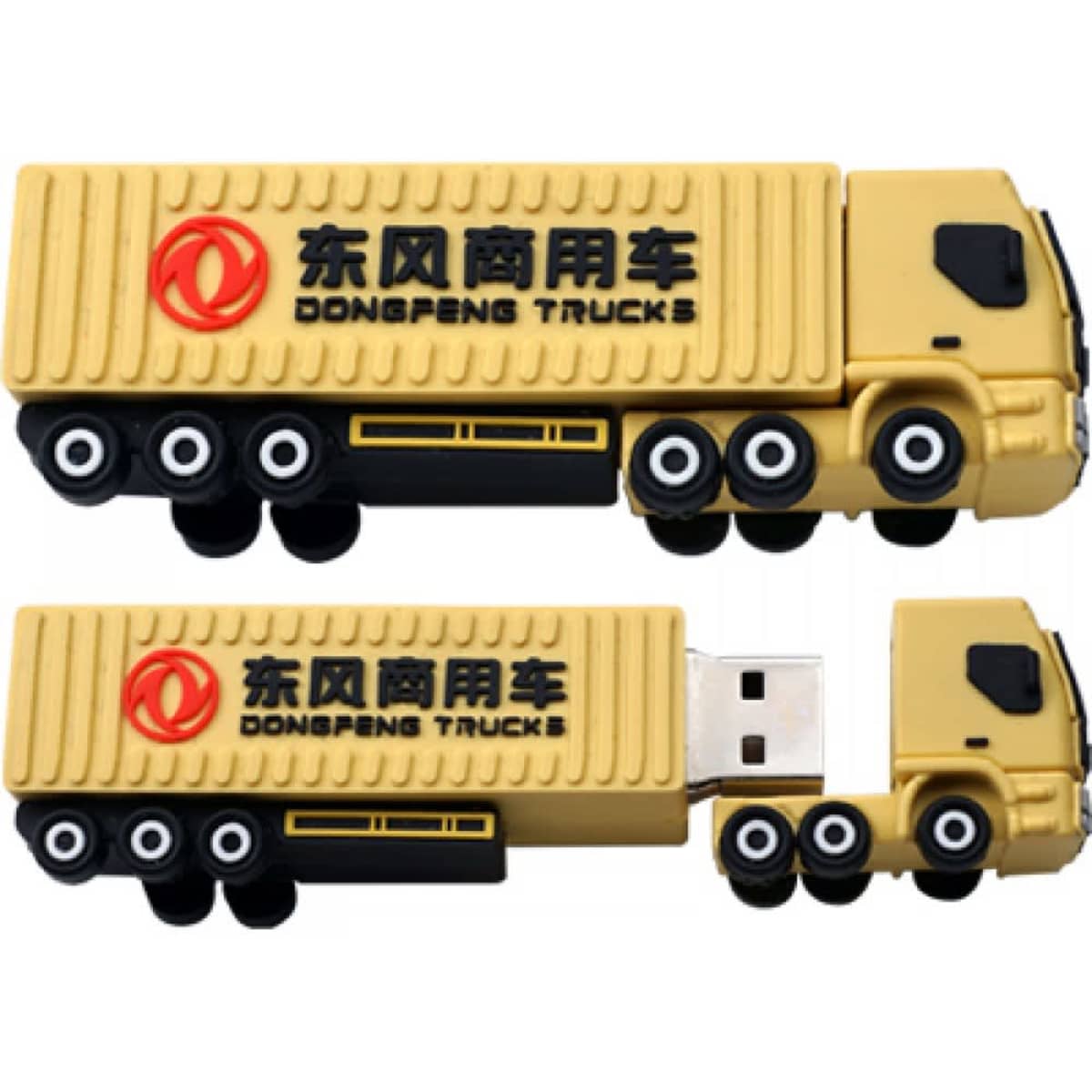 A custom-designed USB shaped like a yellow truck with wheels and a logo on the side.
