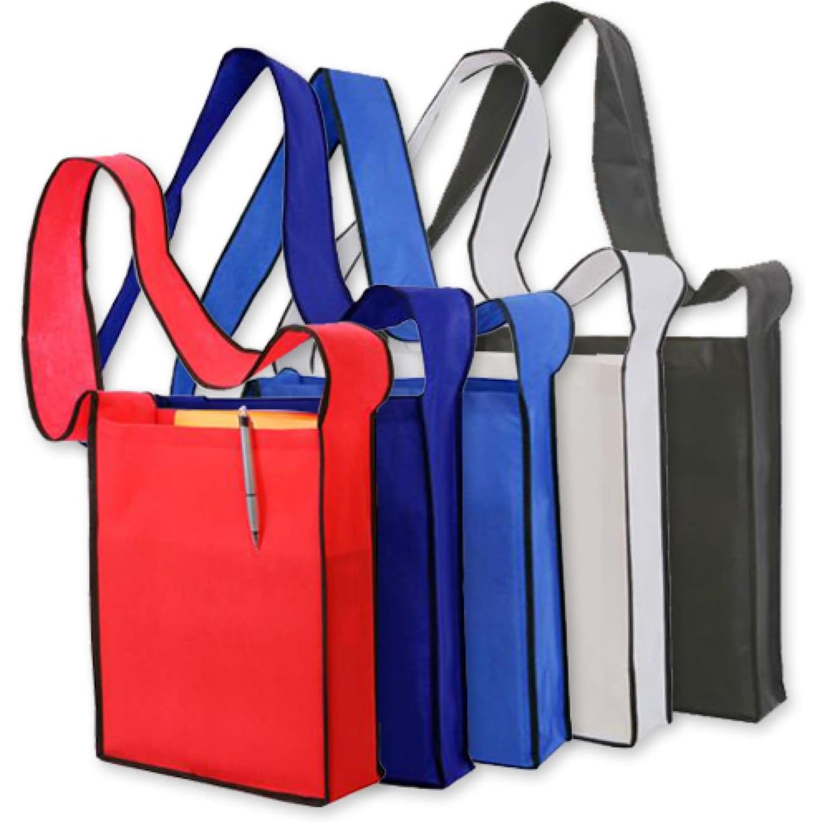 A collection of non-woven sling bags in red, blue, black, grey, and white, each with a long strap and minimalist design.