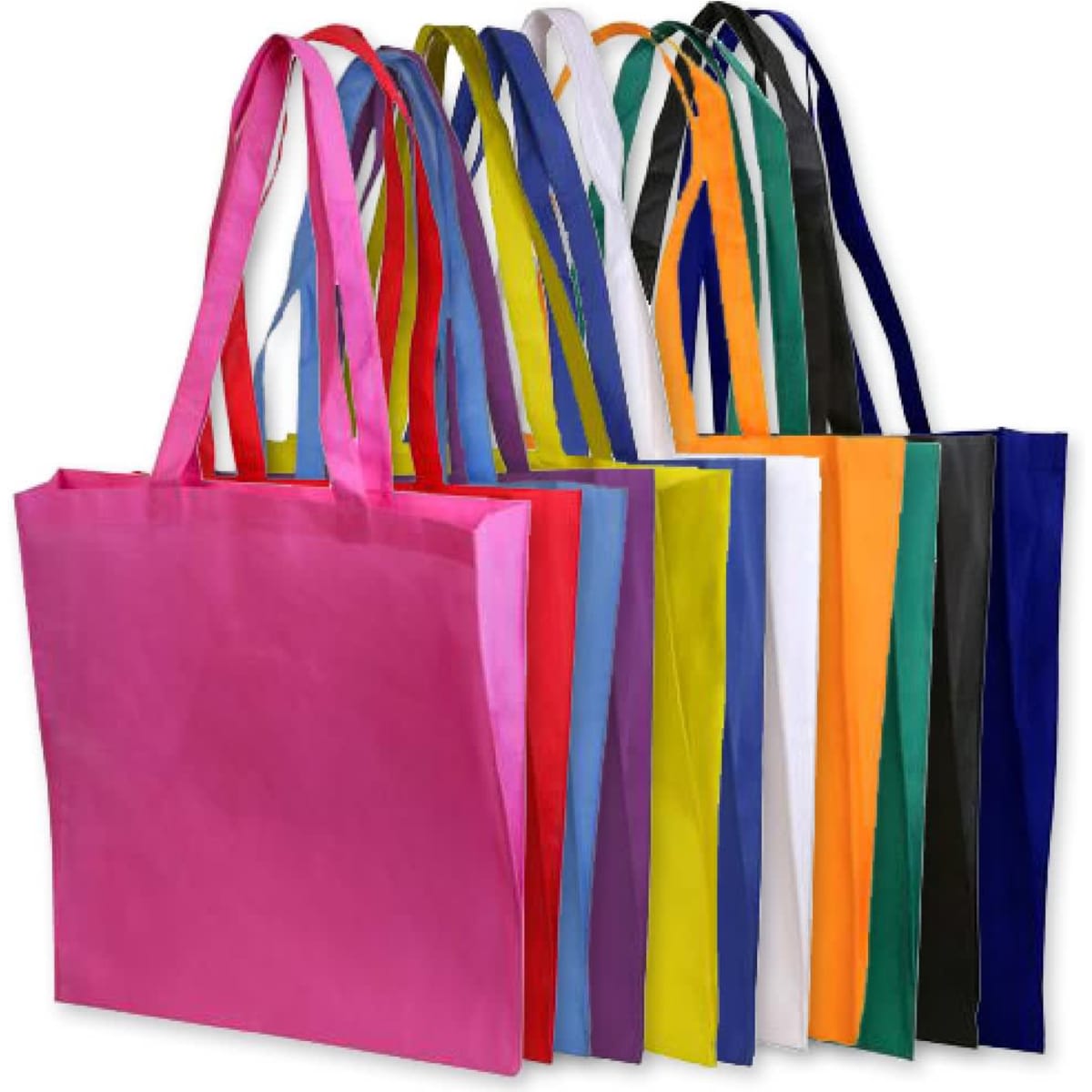 A collection of non-woven tote bags in various colours, featuring long handles and a gusset. Each bag has a logo.