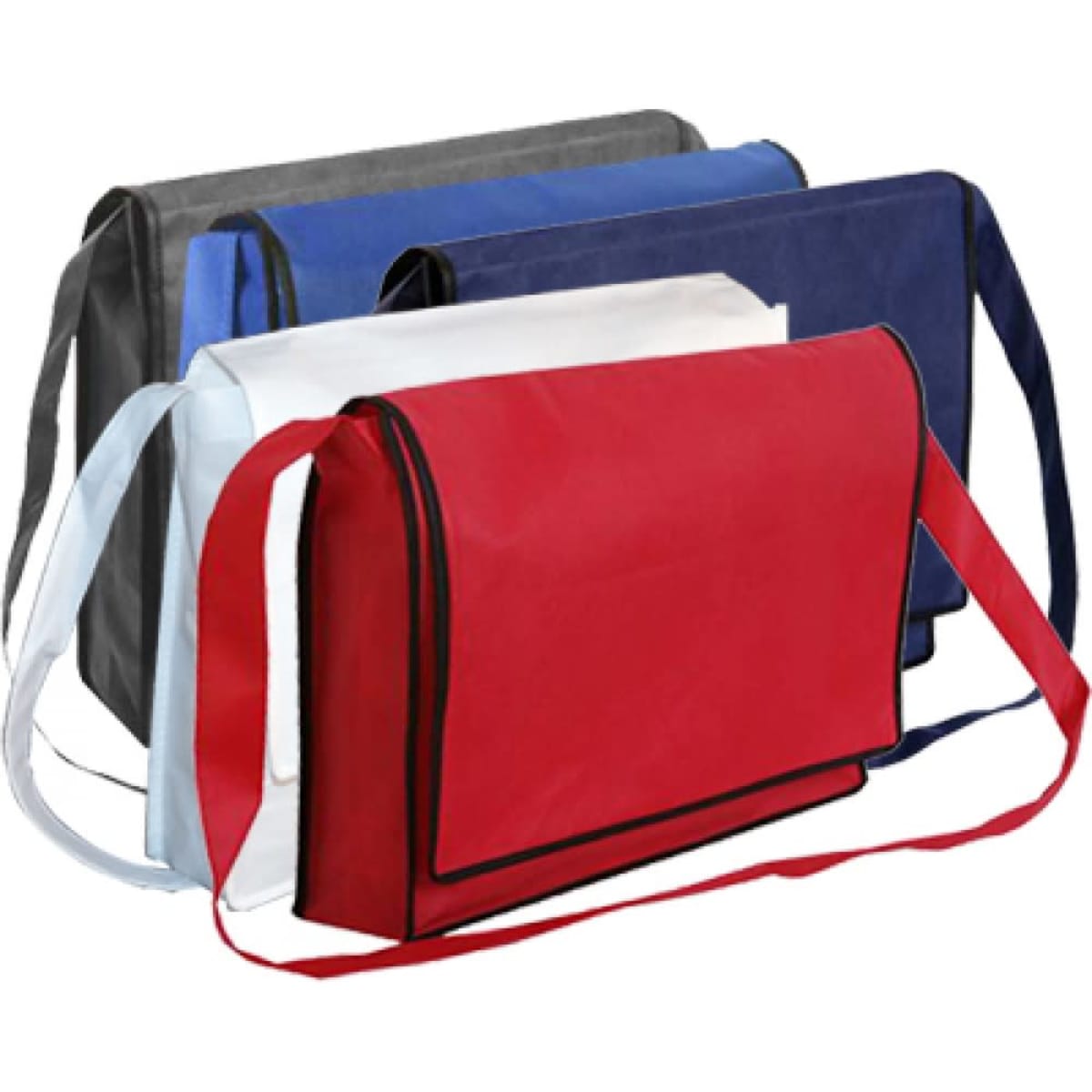 A collection of non-woven flap satchels in red, blue, grey, and white, each with adjustable straps.