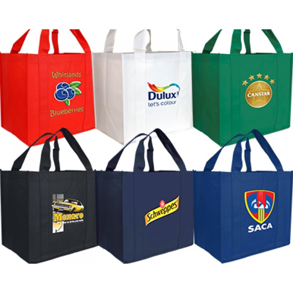 A collection of non-woven shopping bags in red, white, green, and blue, featuring various logos and designs.