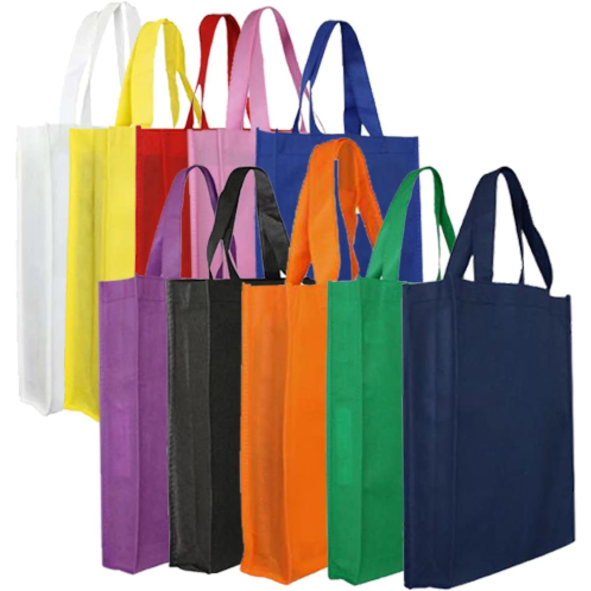 A collection of non-woven trade show bags in various colours, featuring handles and gussets for added depth.