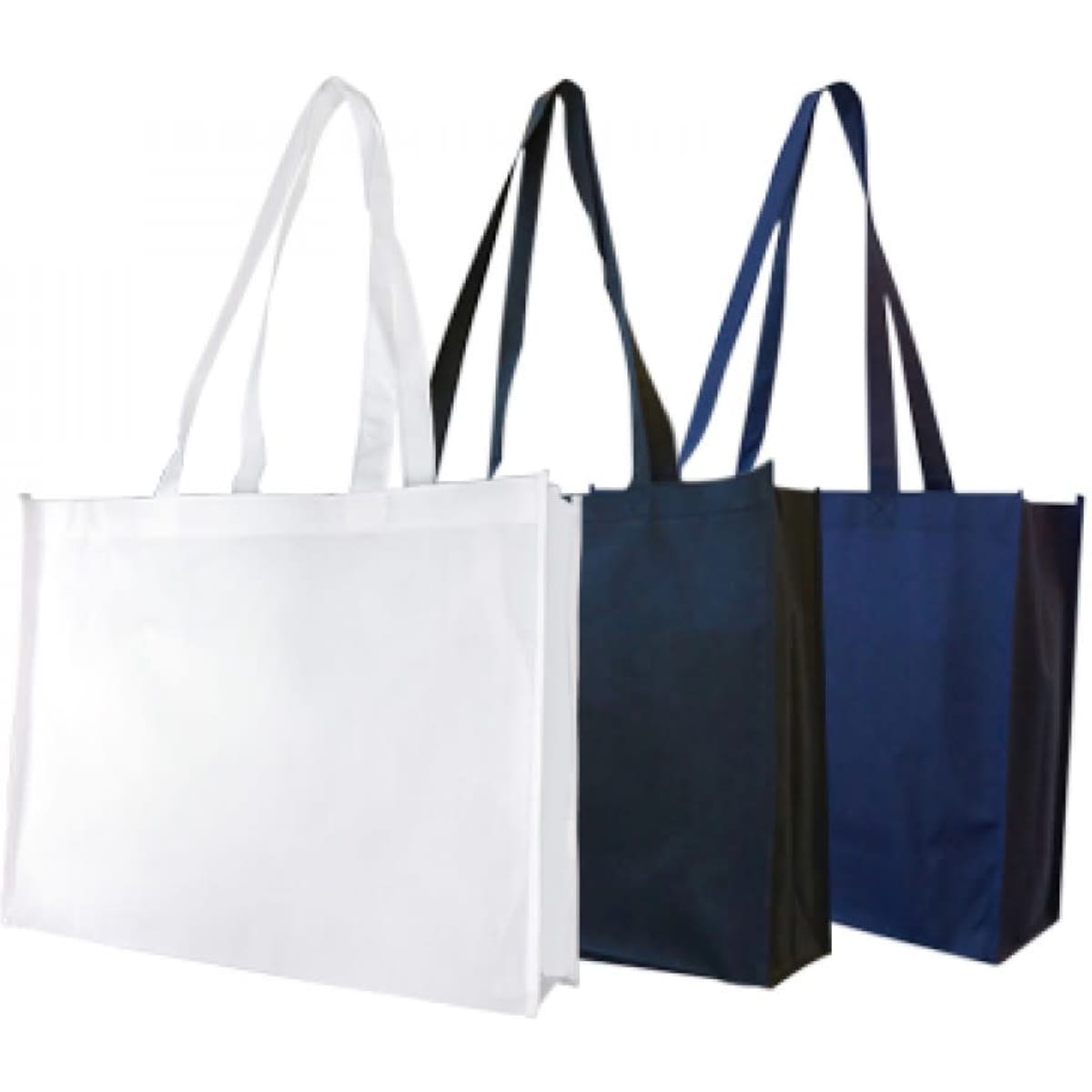 A set of three promotional bags in white, black, and navy blue, with handles and gussets for added space.