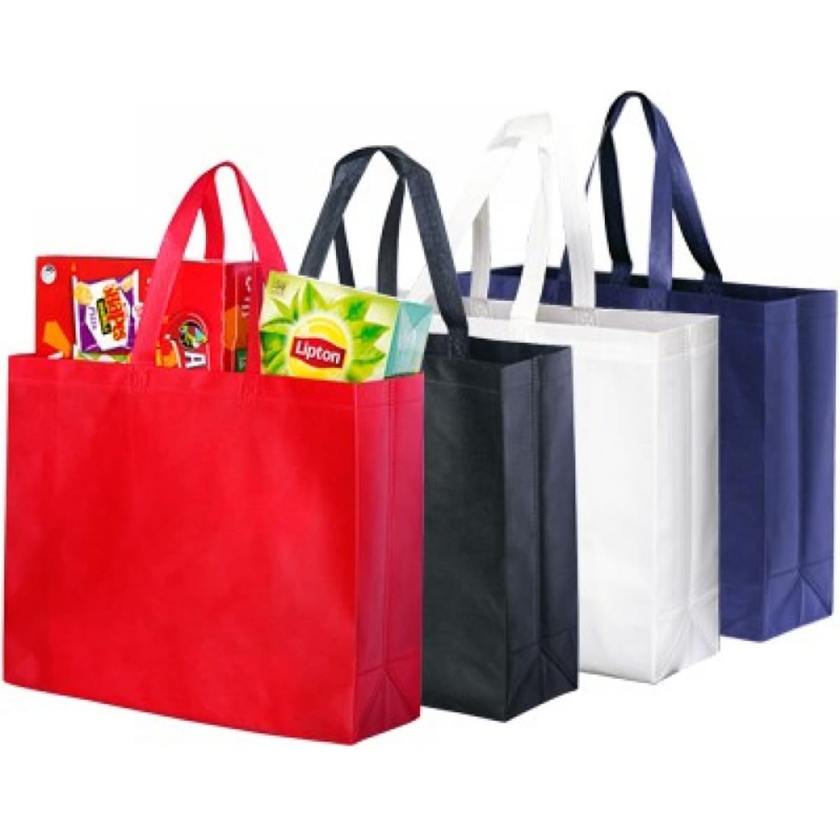 A set of four tote bags in red, black, white, and navy, featuring handles and a gusset. Each bag contains items.