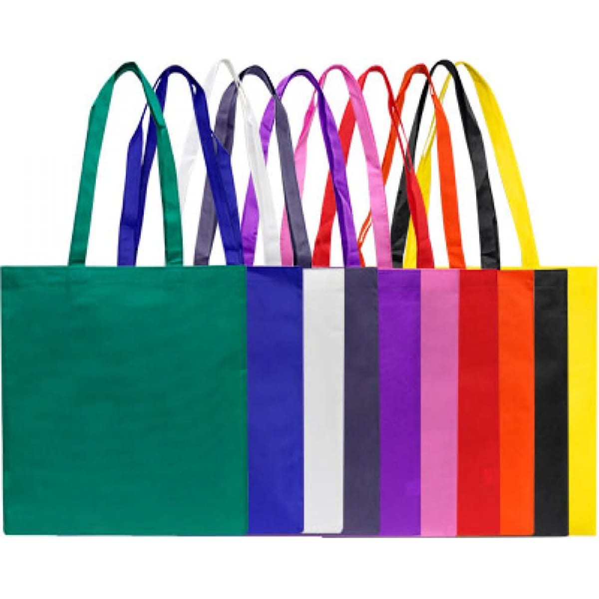 A range of non-woven large tote bags in various colours including green, purple, red, yellow, and black, each with straps.