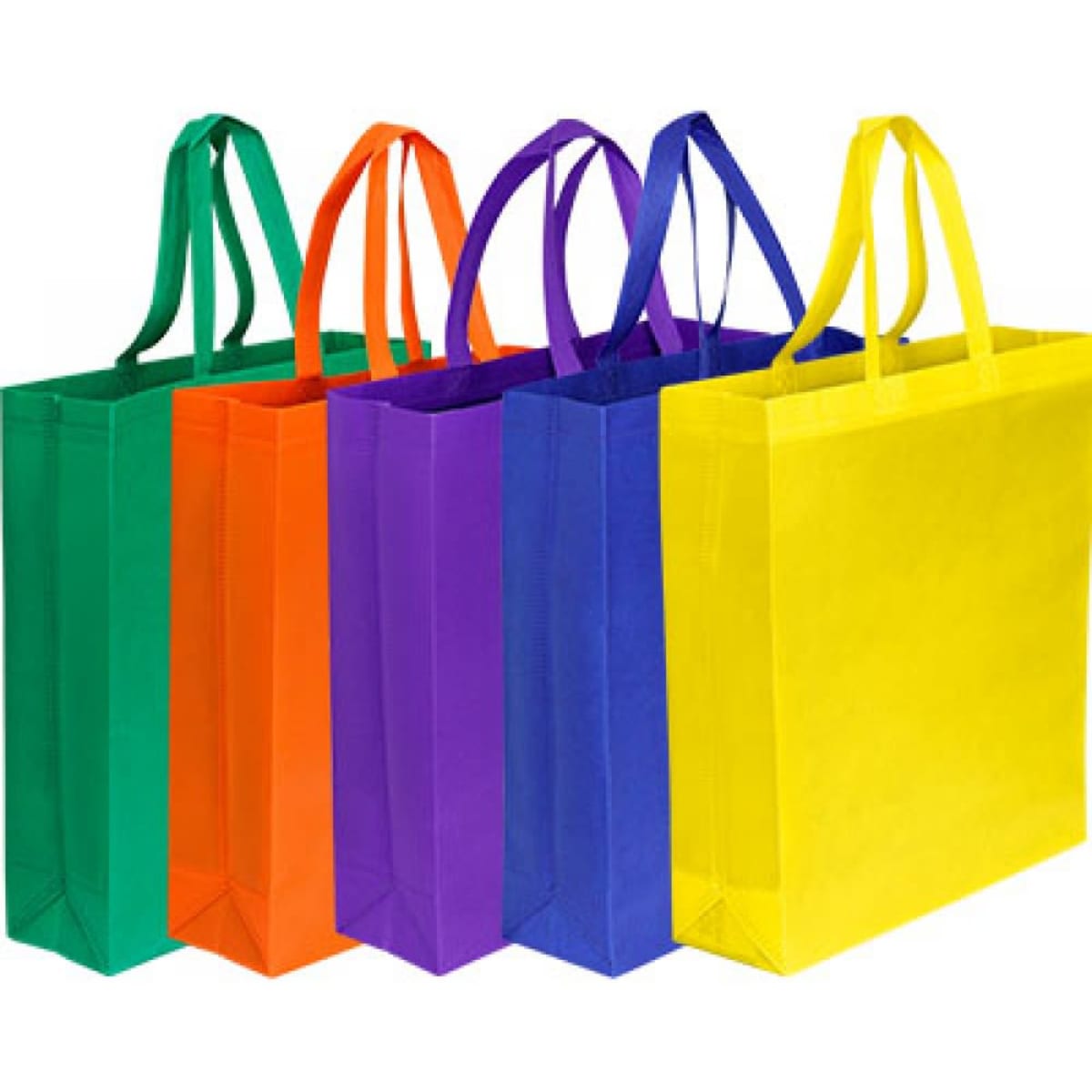 A large tote bag available in green, orange, purple, blue, and yellow, featuring handles and a gusset.