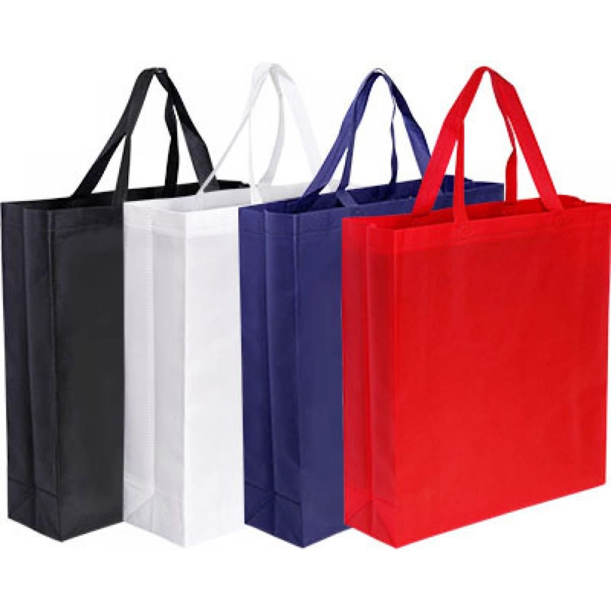 A set of large tote bags in black, white, navy, and red, featuring gussets and sturdy handles. Each bag has a logo.