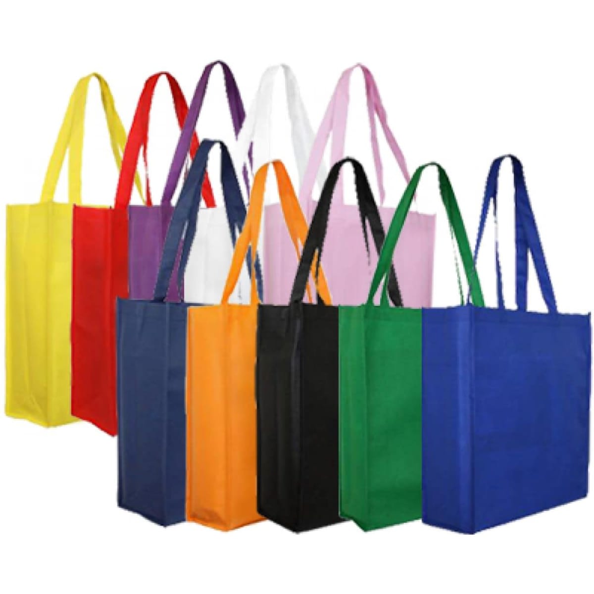 A collection of non-woven tote bags in various colours, featuring sturdy handles and a gusset design.
