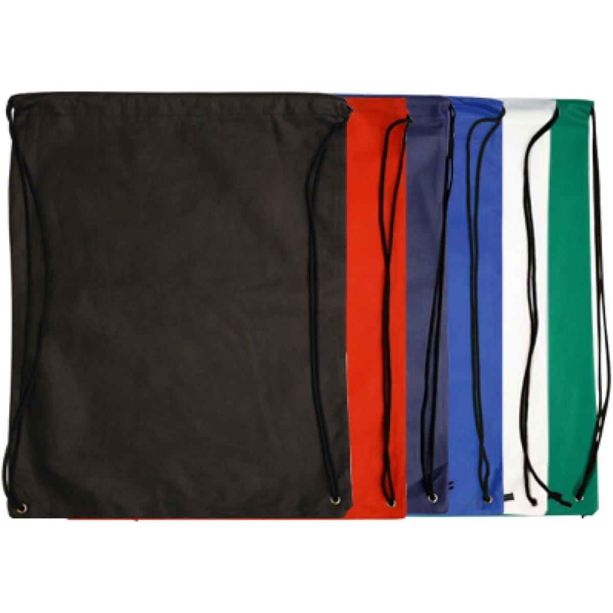 A collection of non-woven backsacks in black, red, blue, white, and green, each with drawstring closures.
