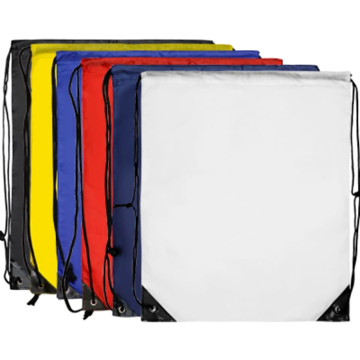 A collection of nylon backsacks in yellow, red, blue, black, and white, each with drawstring closures.