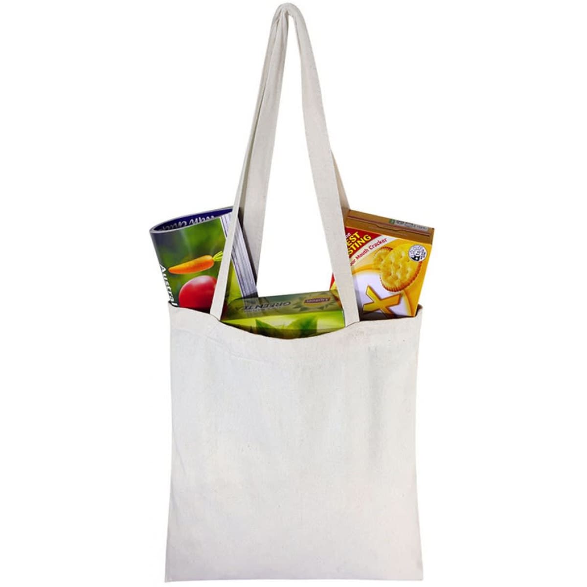 A white canvas bag filled with boxes of snacks and drinks, featuring long straps for easy carrying.