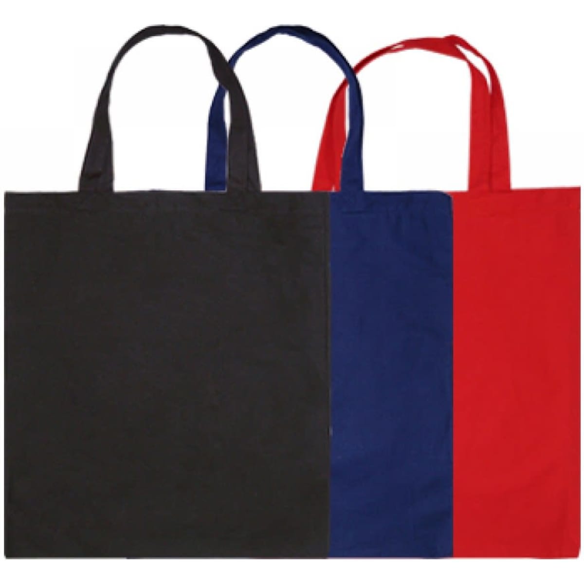 Three calico bags with short handles in black, navy blue, and red, featuring a logo.
