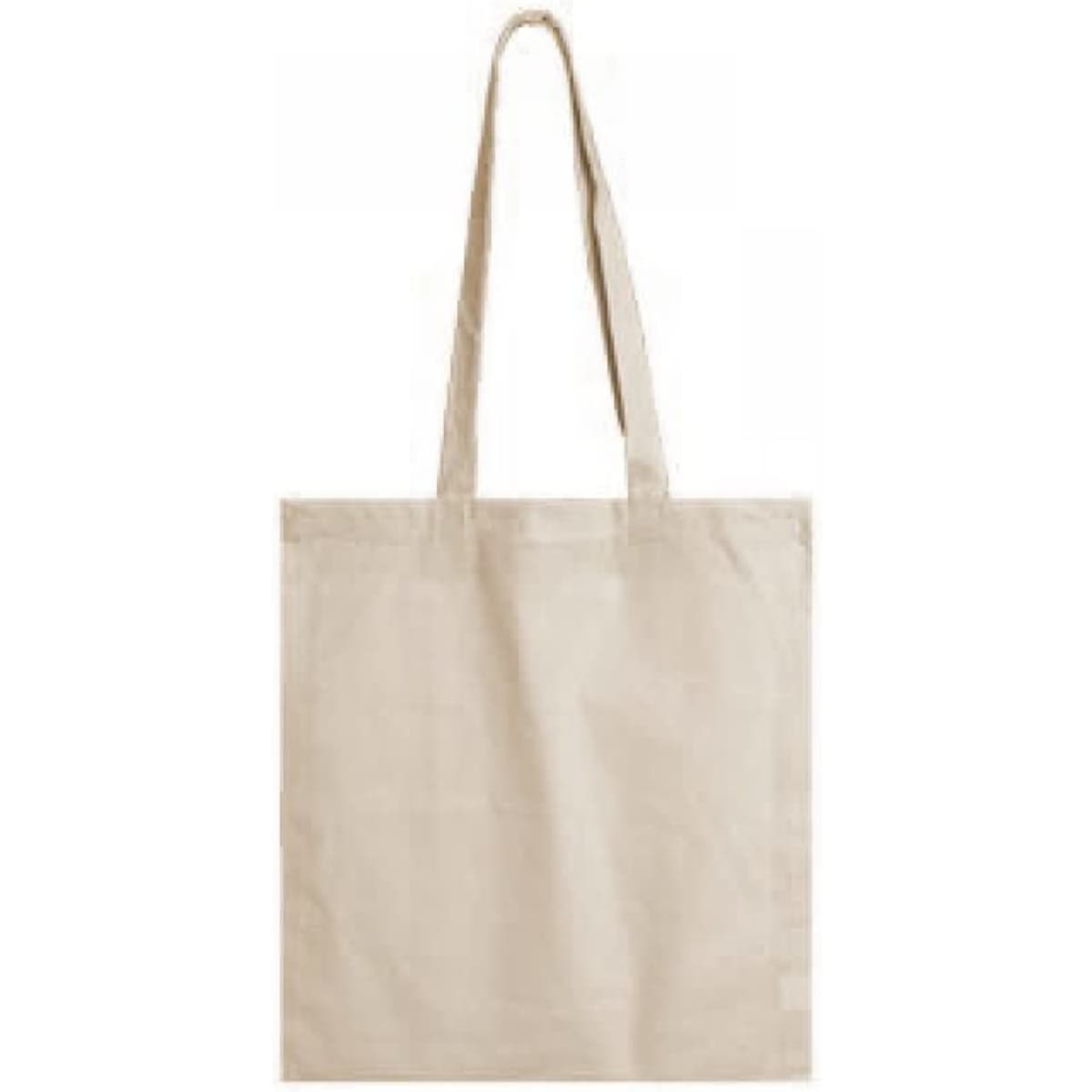 A beige calico bag with long handles and a simple design. It features a logo on one side.