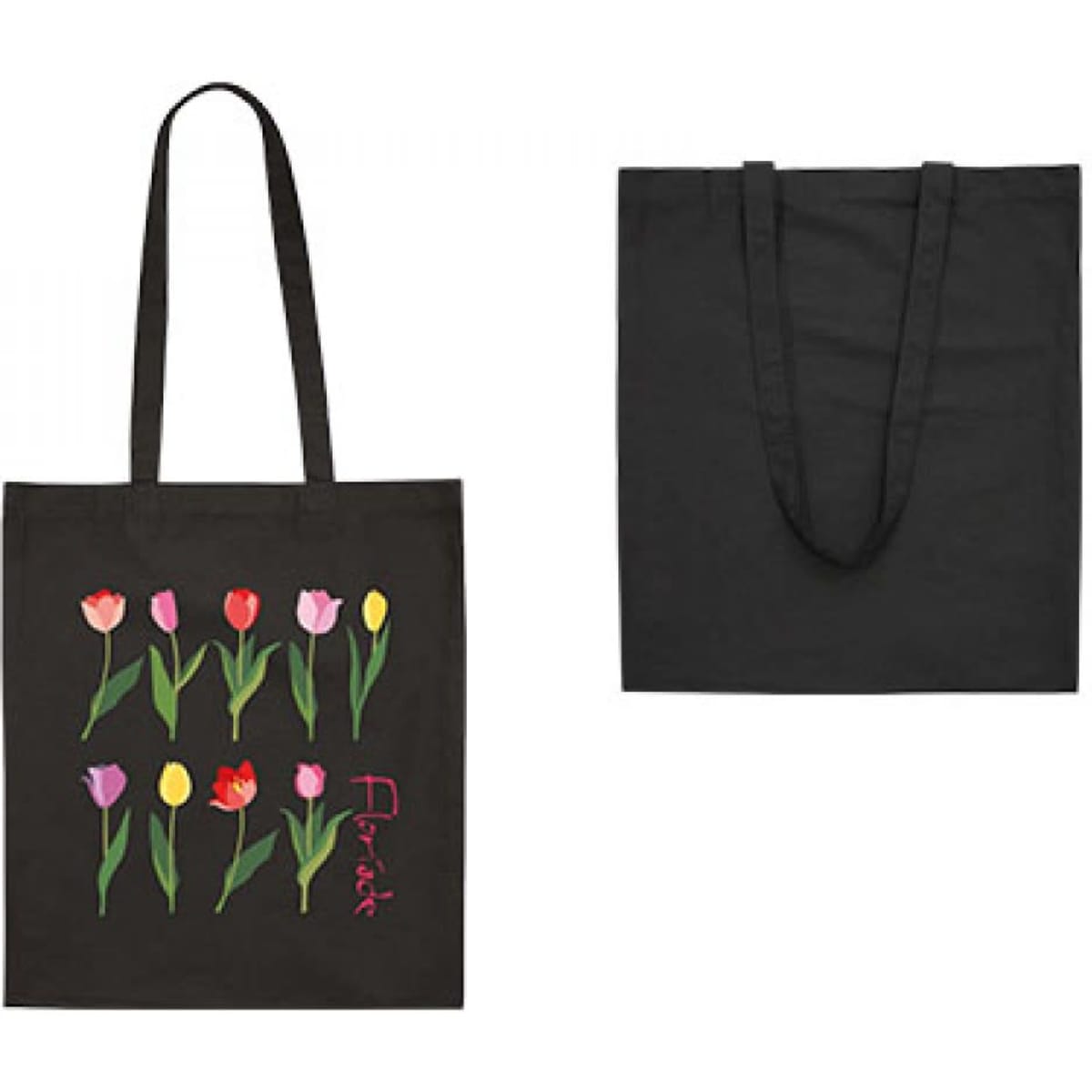 A black long-handled calico bag featuring colourful tulip illustrations on one side and a plain black reverse.