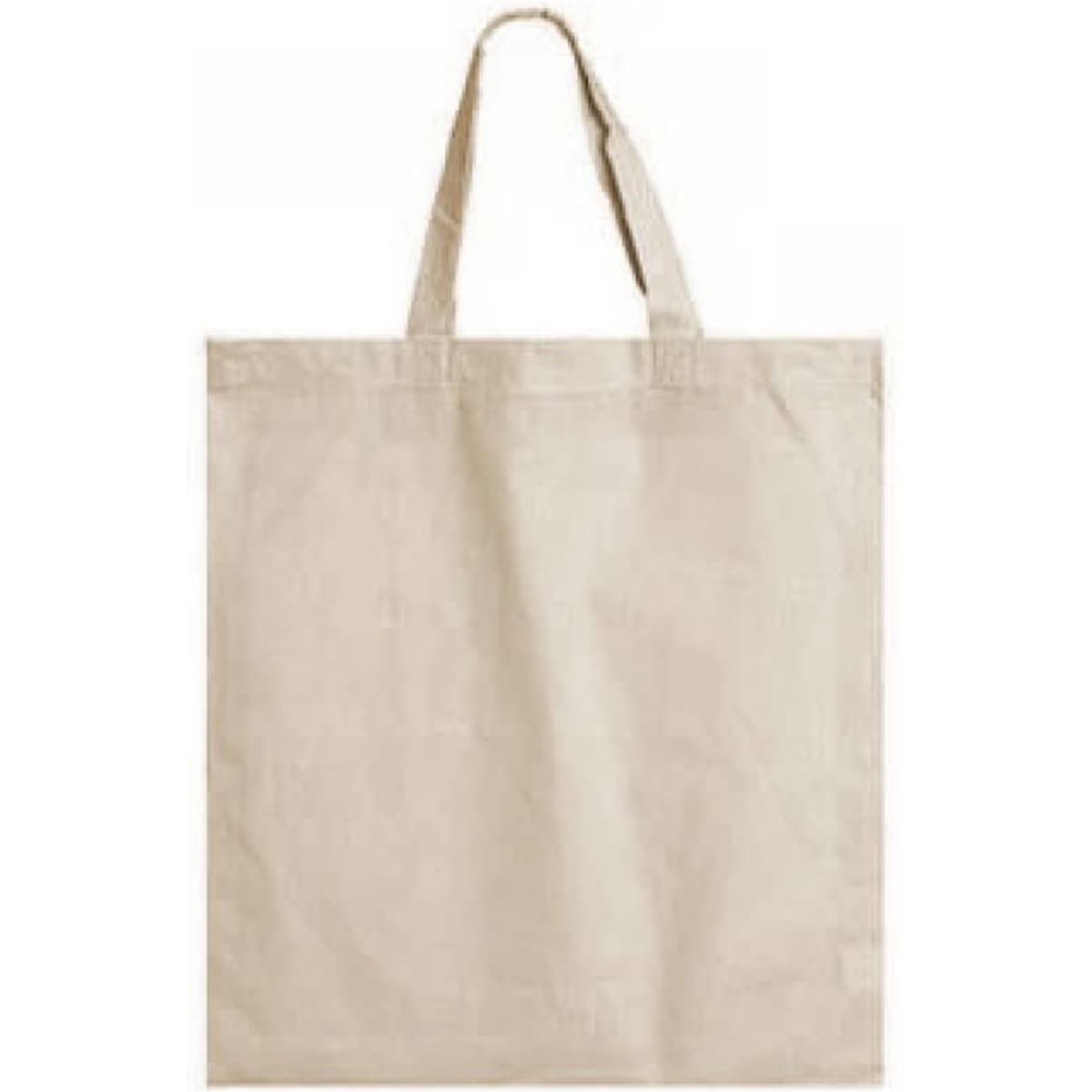 A short-handled calico bag in a natural beige colour, featuring two sturdy handles and a simple design.