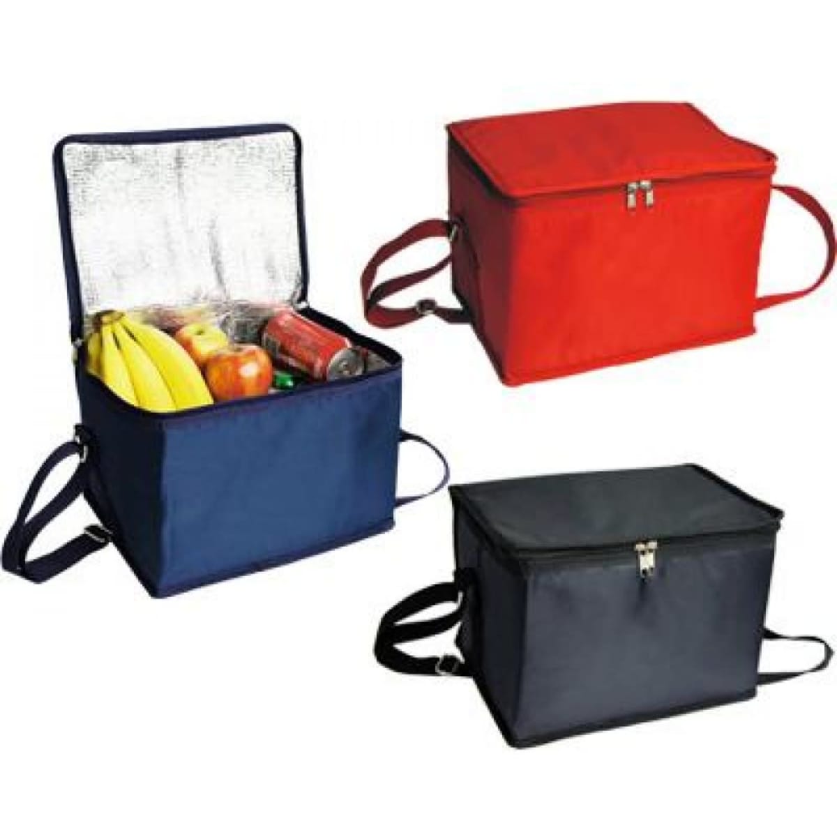 Three large cooler bags in red, navy, and black, with one open displaying food items like bananas and apples.