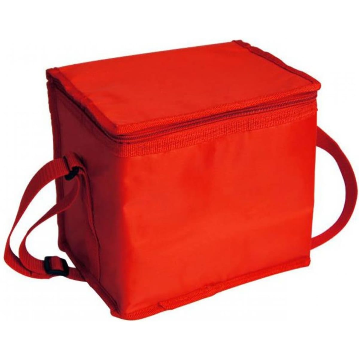 A small red cooler bag with a zippered top and adjustable straps. It features a simple design and has a logo.