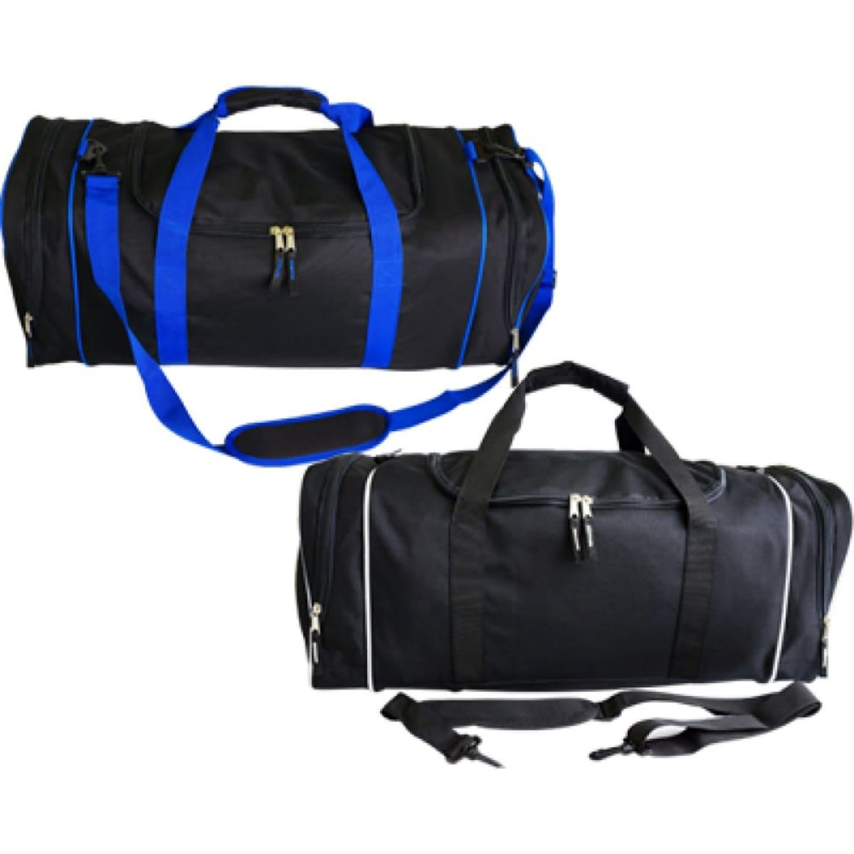 A black travel sports bag with blue and white accents, featuring a zipper and dual handles, comes with a detachable shoulder strap.