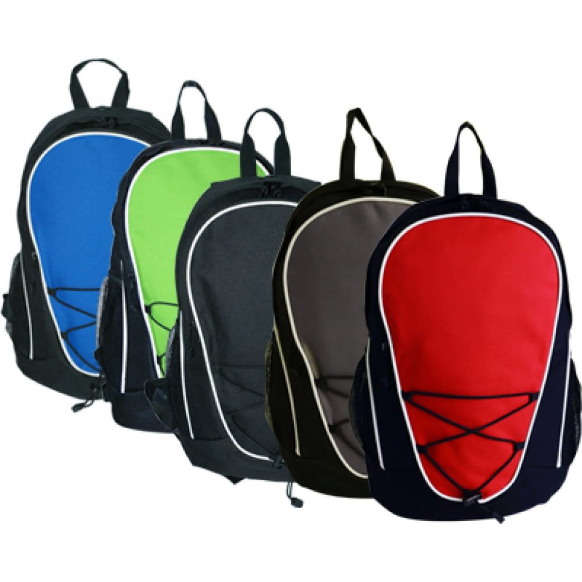 A collection of five backpacks in black, blue, green, grey, and red, featuring a design with a logo.