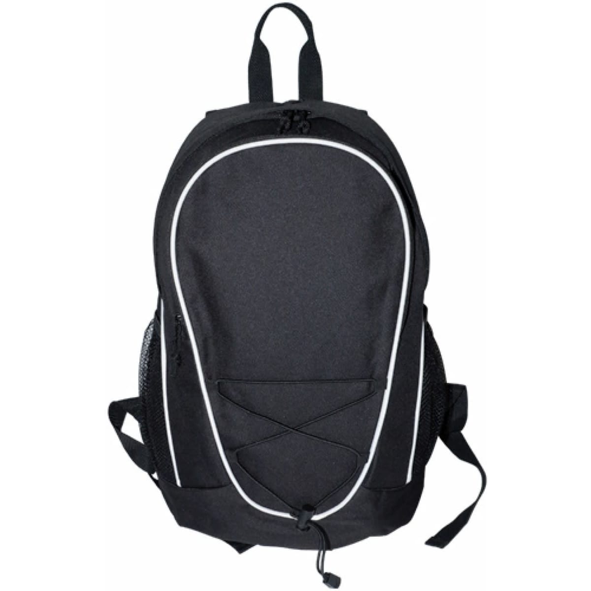 A black fashion backpack with white accents, featuring adjustable straps and a front pocket. It has a logo on it.