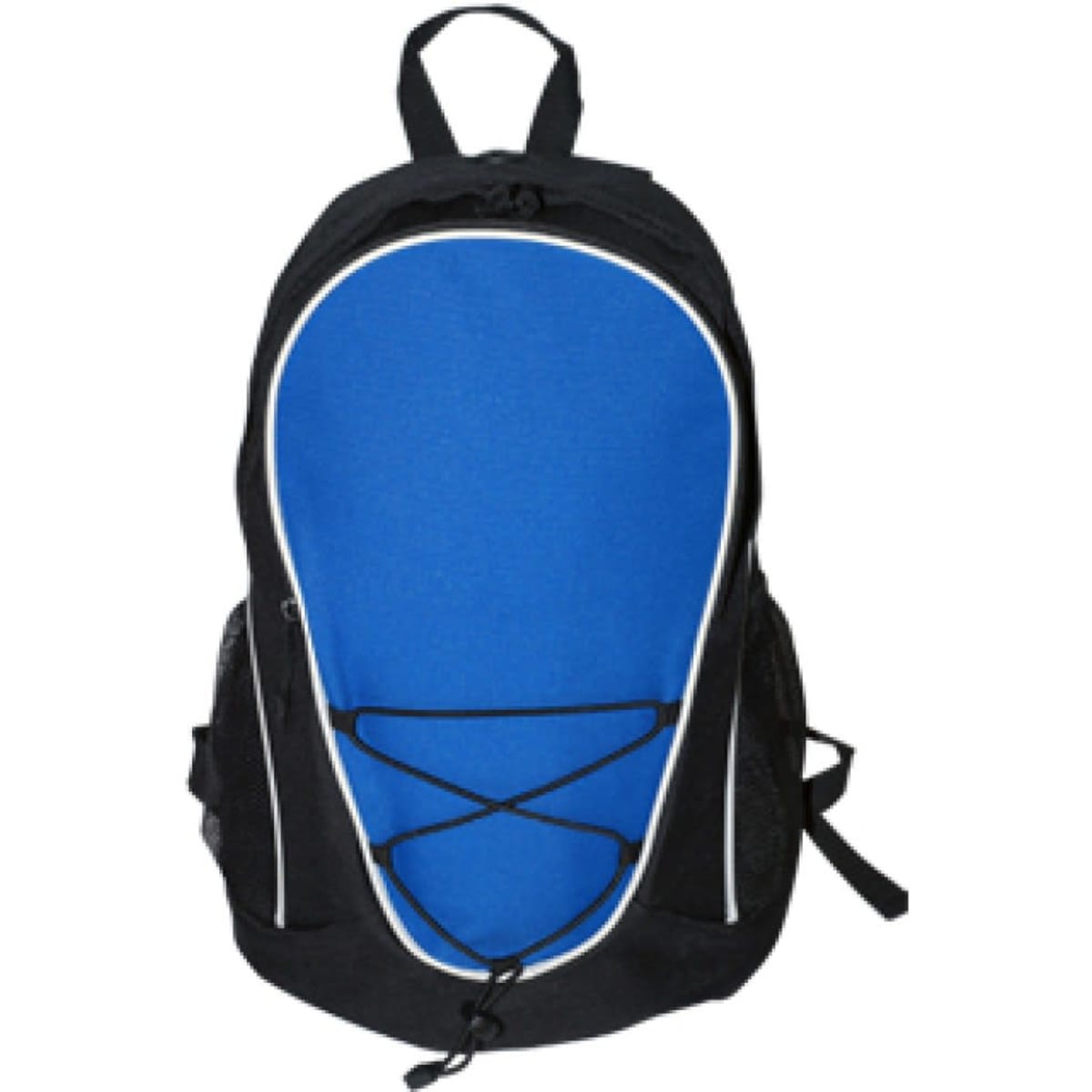 A black backpack featuring a large blue front panel and white accents, equipped with adjustable shoulder straps.