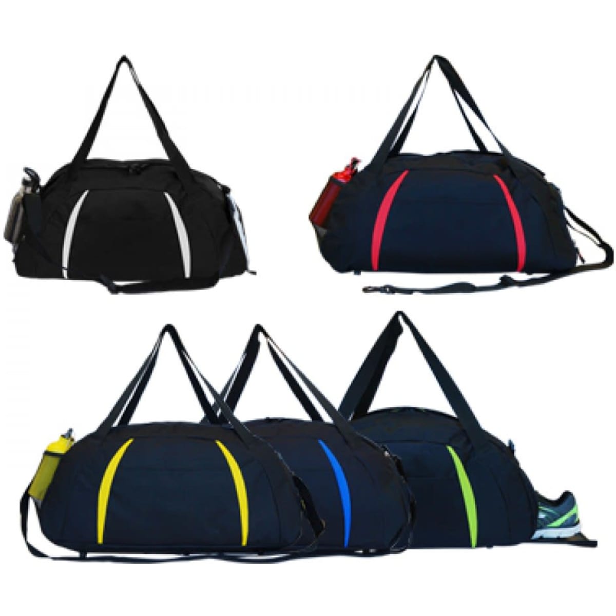 A collection of Club Sports Bags in black, featuring accents in red, yellow, blue, and green. Each has a logo.