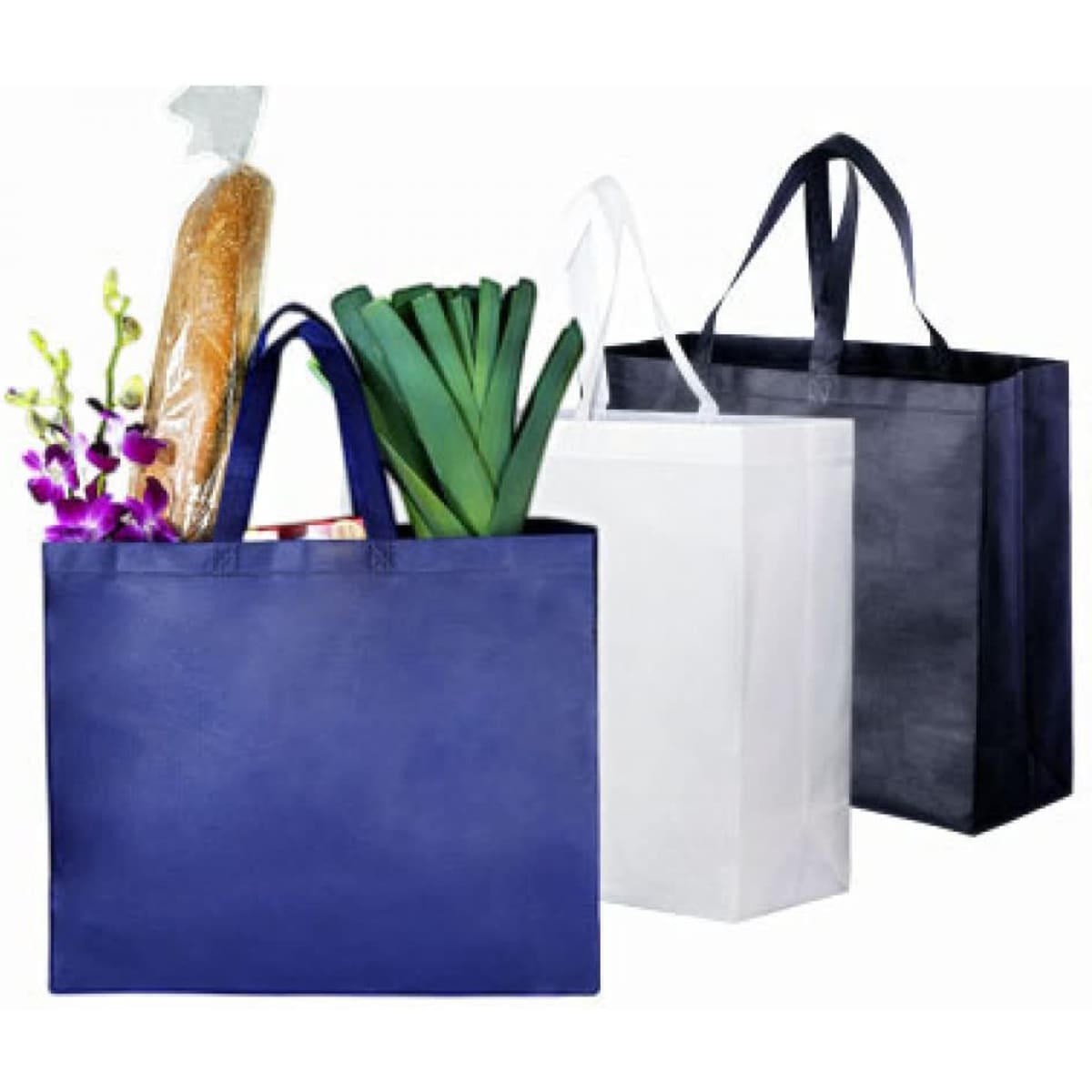 Extra large bags with gussets in navy blue and white, filled with a baguette and decorative plants, feature handles and logos.