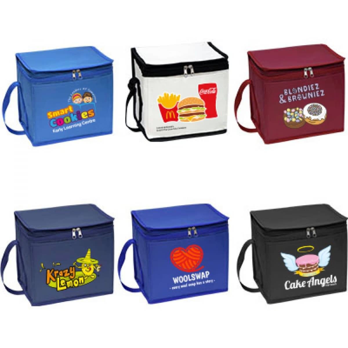 A selection of small cooler bags in blue, white, and red, featuring various logos and designs.
