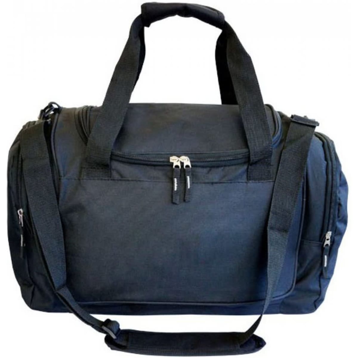 A black sports bag featuring dual handles, a detachable shoulder strap, and a zippered compartment.