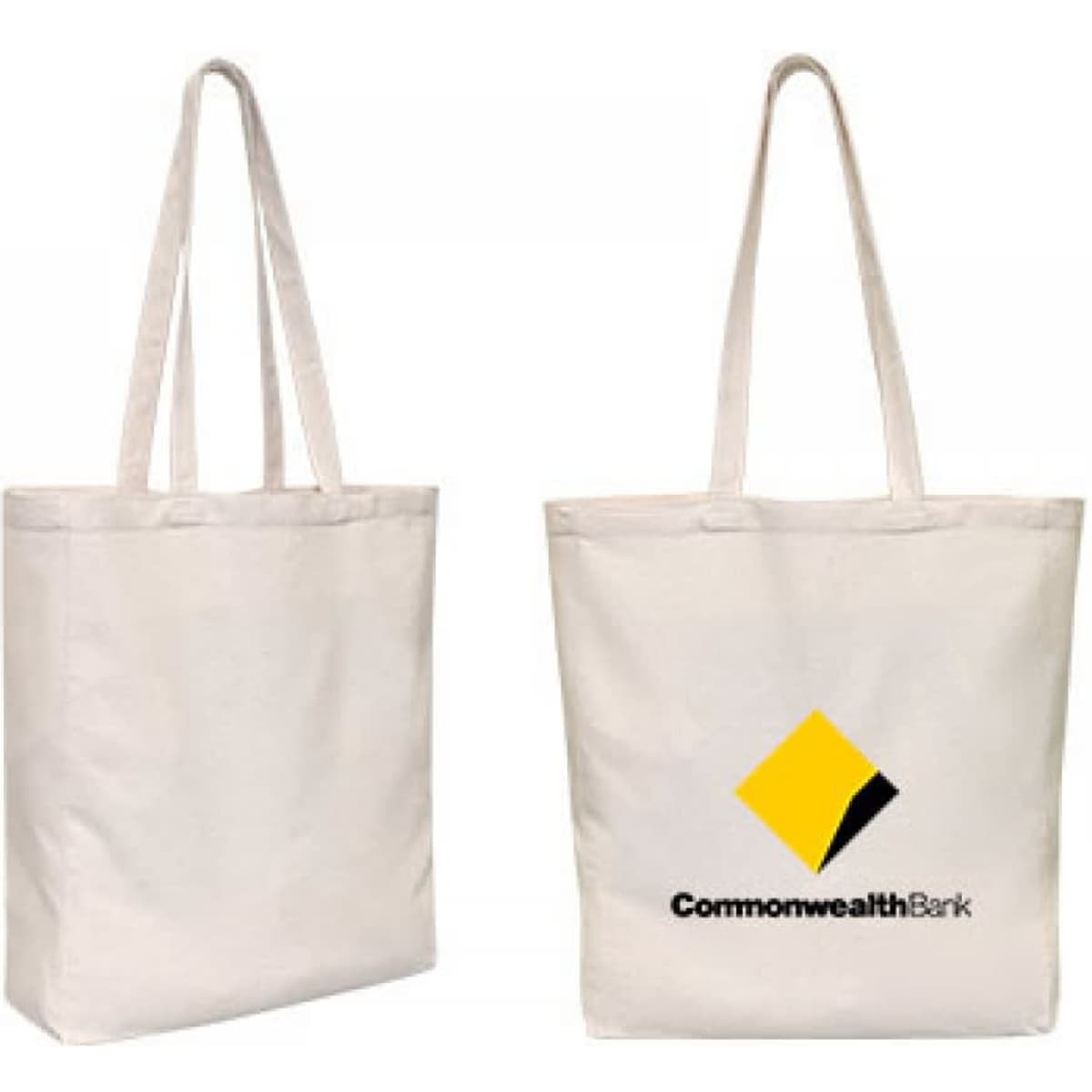 A cream canvas bag with gussets and long handles, featuring a logo on one side.