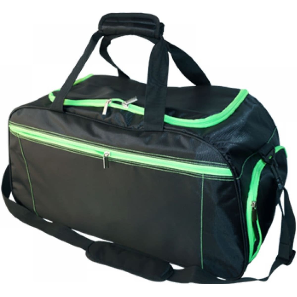 A black sport bag with green accents, featuring a zippered main compartment and adjustable shoulder strap.